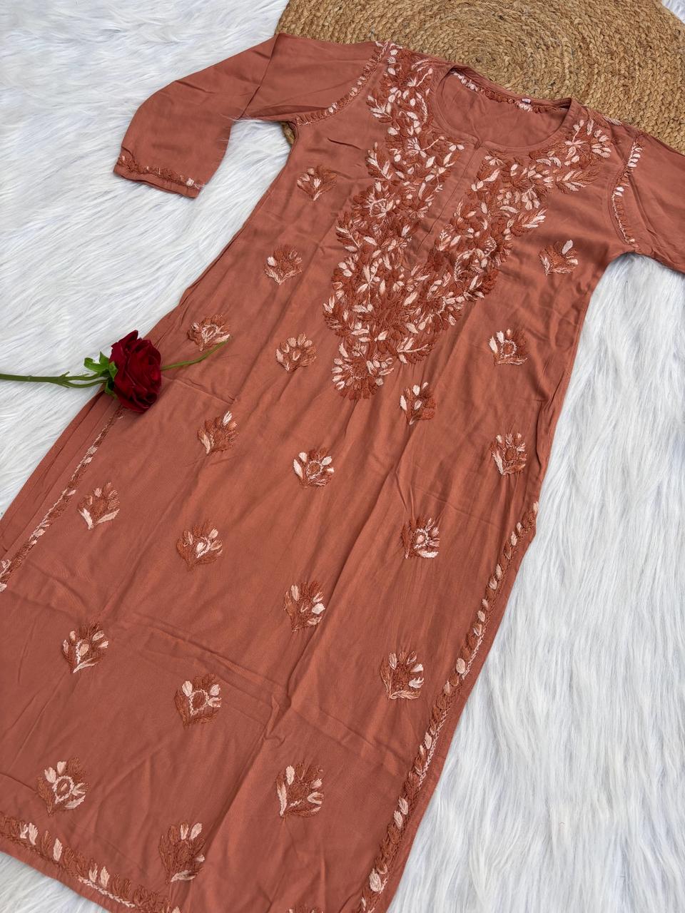 Roohi Rayon Tone To Tone Lucknowi Handwork Chikankari Kurti - Brown Color