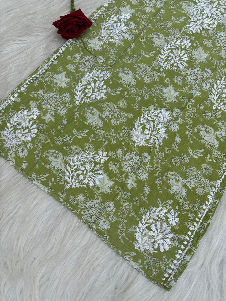 Sameera Pure Mulmul Chikankari Handwork Kurti - Green Colour