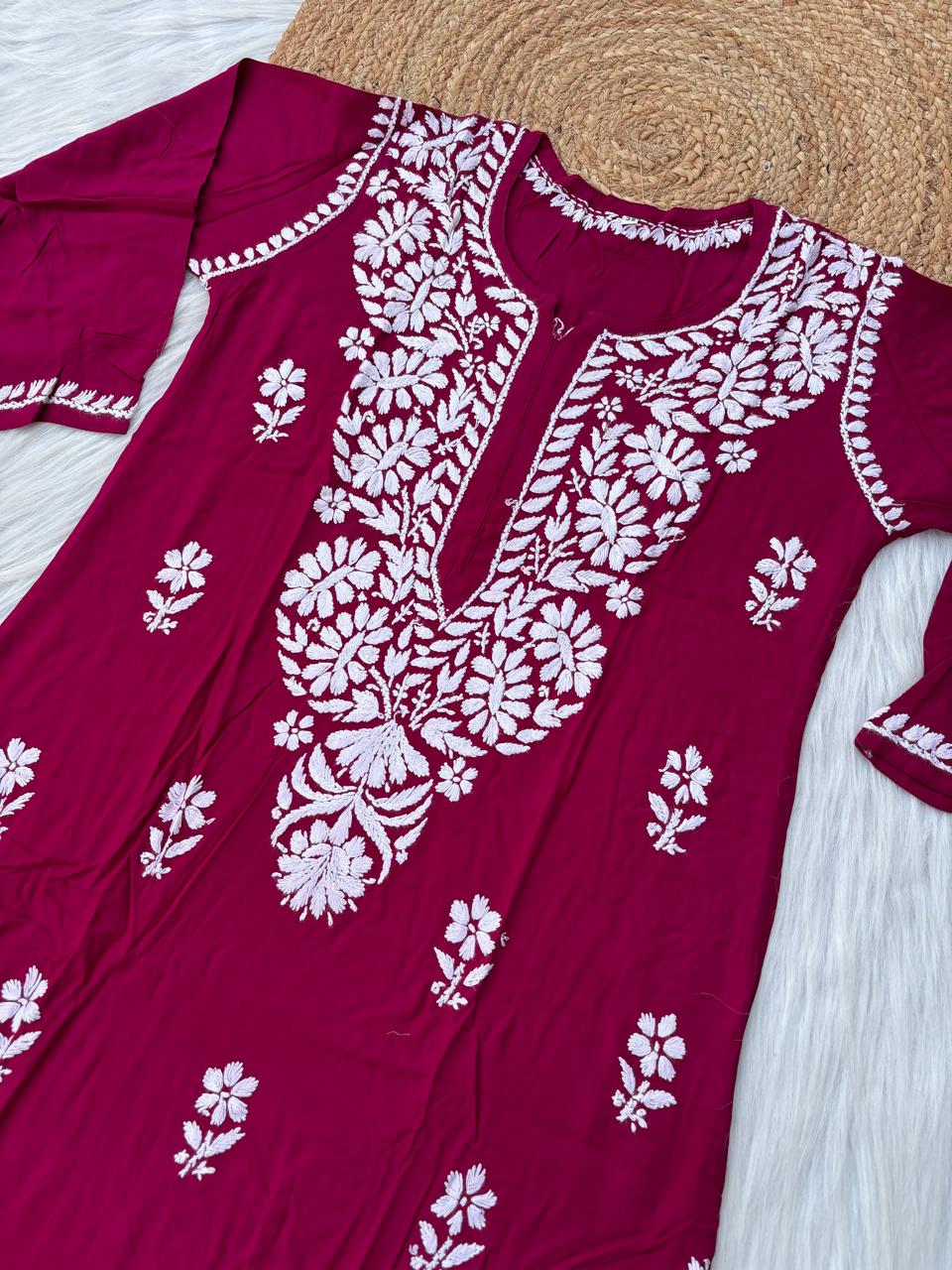 Hiba Soft Rayon Handwork Chikankari Kurti - Maroon Colour