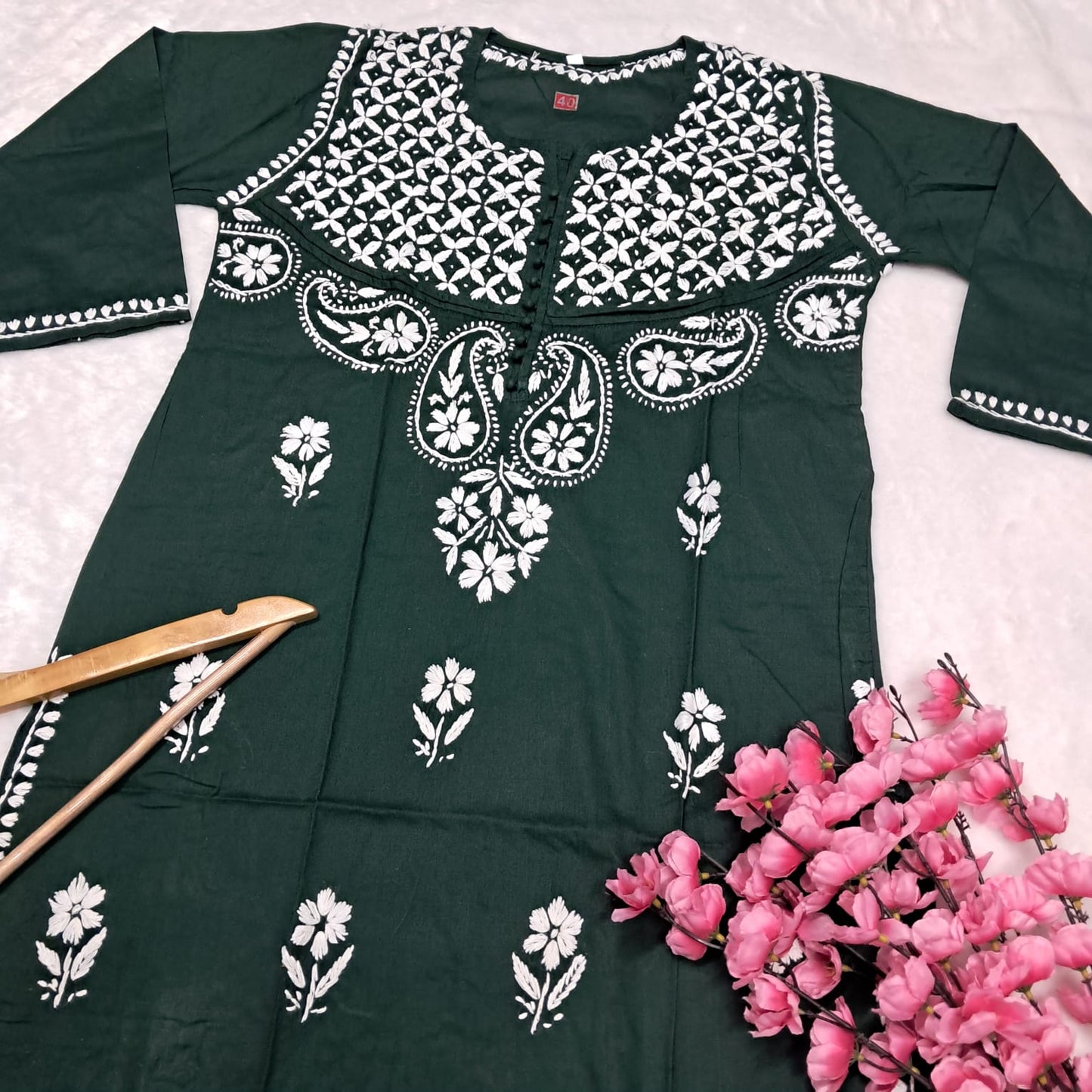 Adiva Pure Cotton Chikankari Handwork Kurti -Dark Green Colour