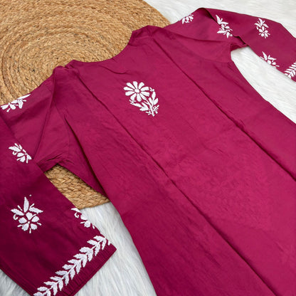 Afana Silk Chikankari Kurti Plazo set Rani Colour