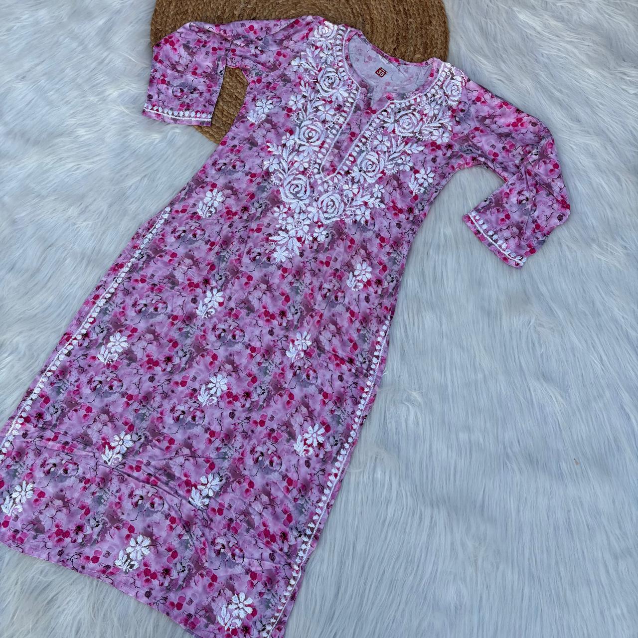 Hina Rayon Rose work Lucknowi Chikankari kurti -Pink Colour