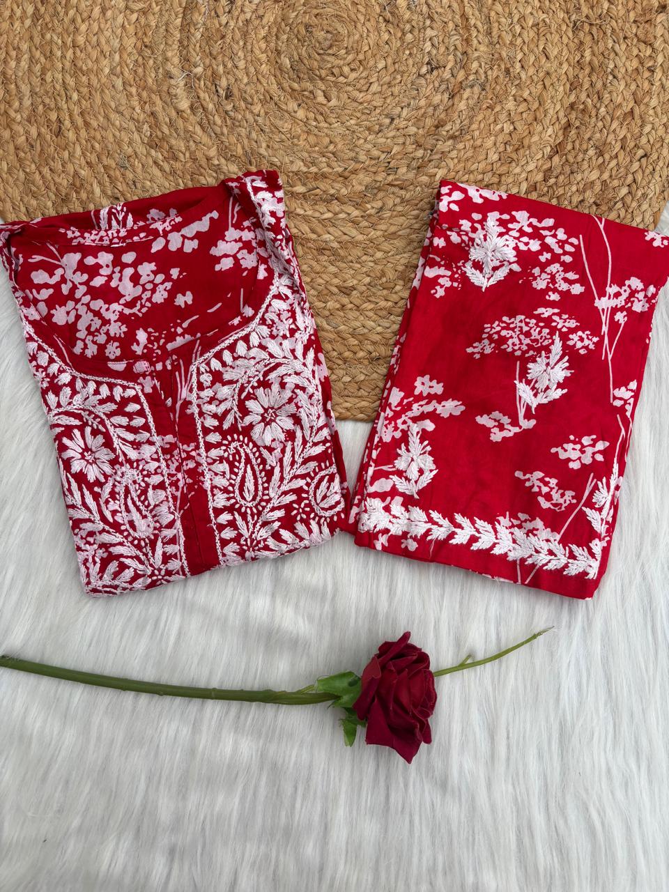 Jiya Mulmul Cotton Handwork Chikankari Kurti Set - Red Colour