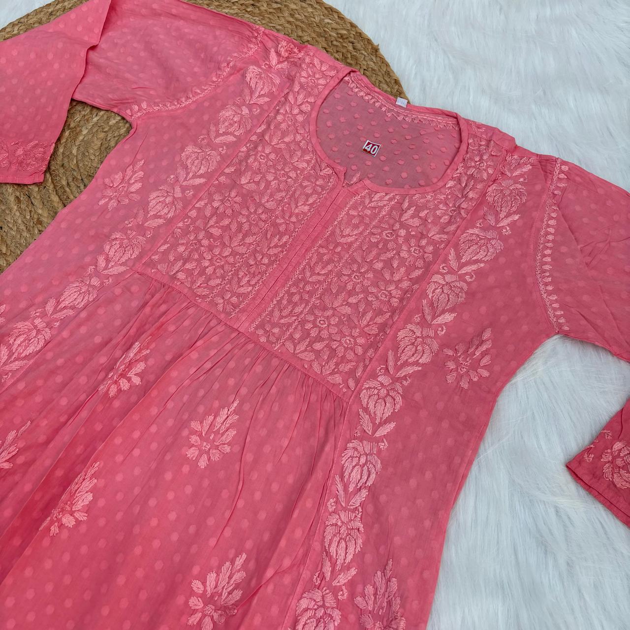 Aliya Dobby Cotton Nyra Cut Chikankari Aline Kurti - Peach Colour