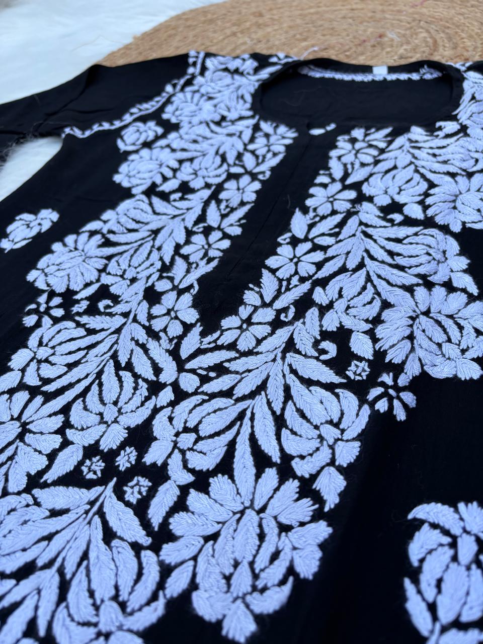 Rida Rayon Handwork Chikankari Kurti Set -Black White Colour