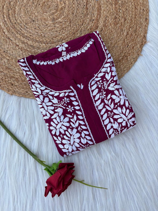 Hiba Soft Rayon Handwork Chikankari Kurti - Maroon Colour