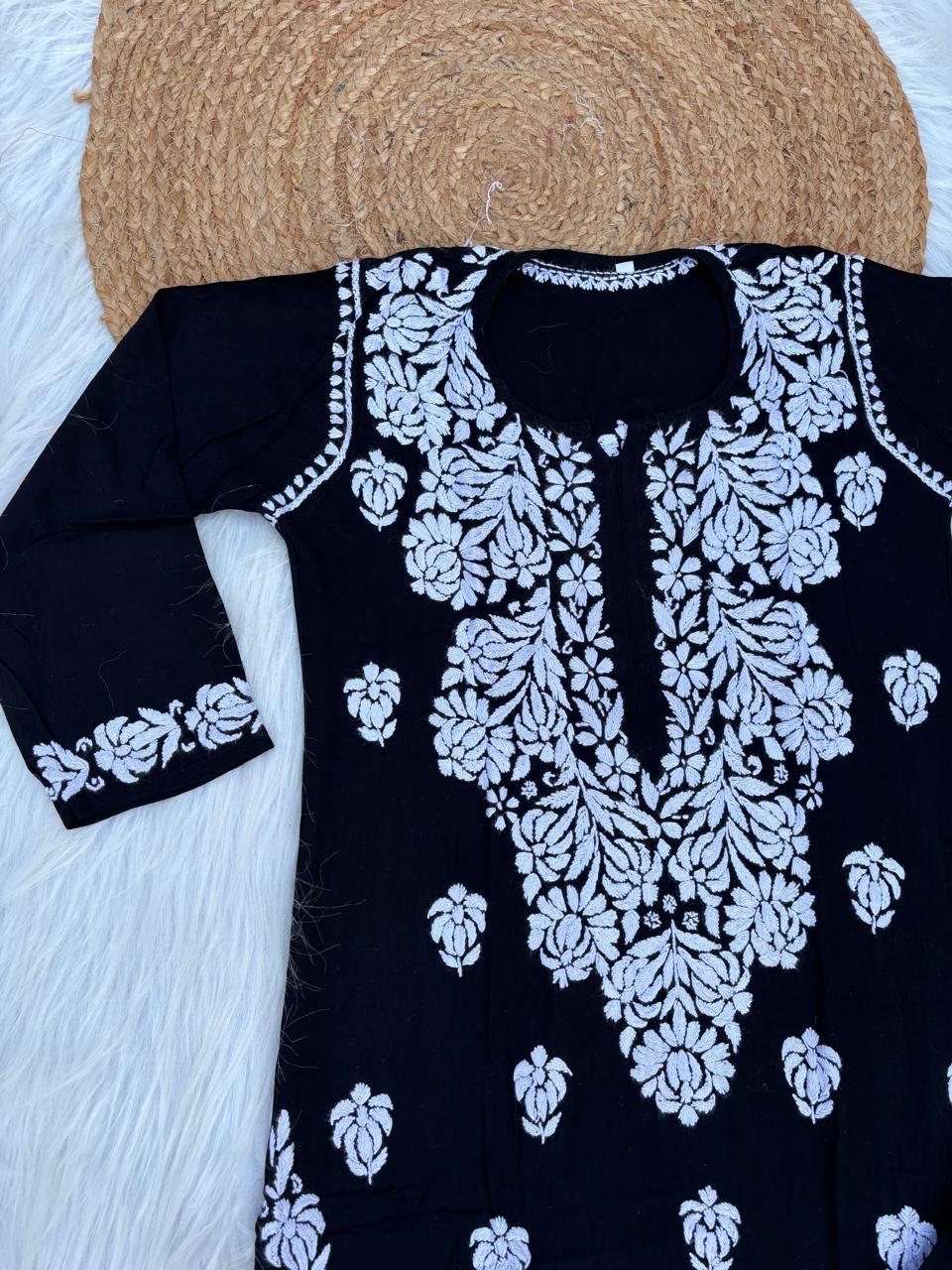 Rida Rayon Handwork Chikankari Kurti Set -Black White Colour