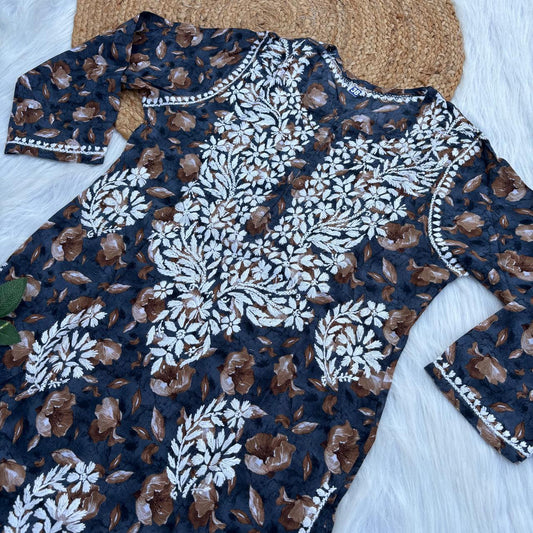 Sana Pure Mulmul Chikankari Handwork Kurti - Dark Blue  Colour