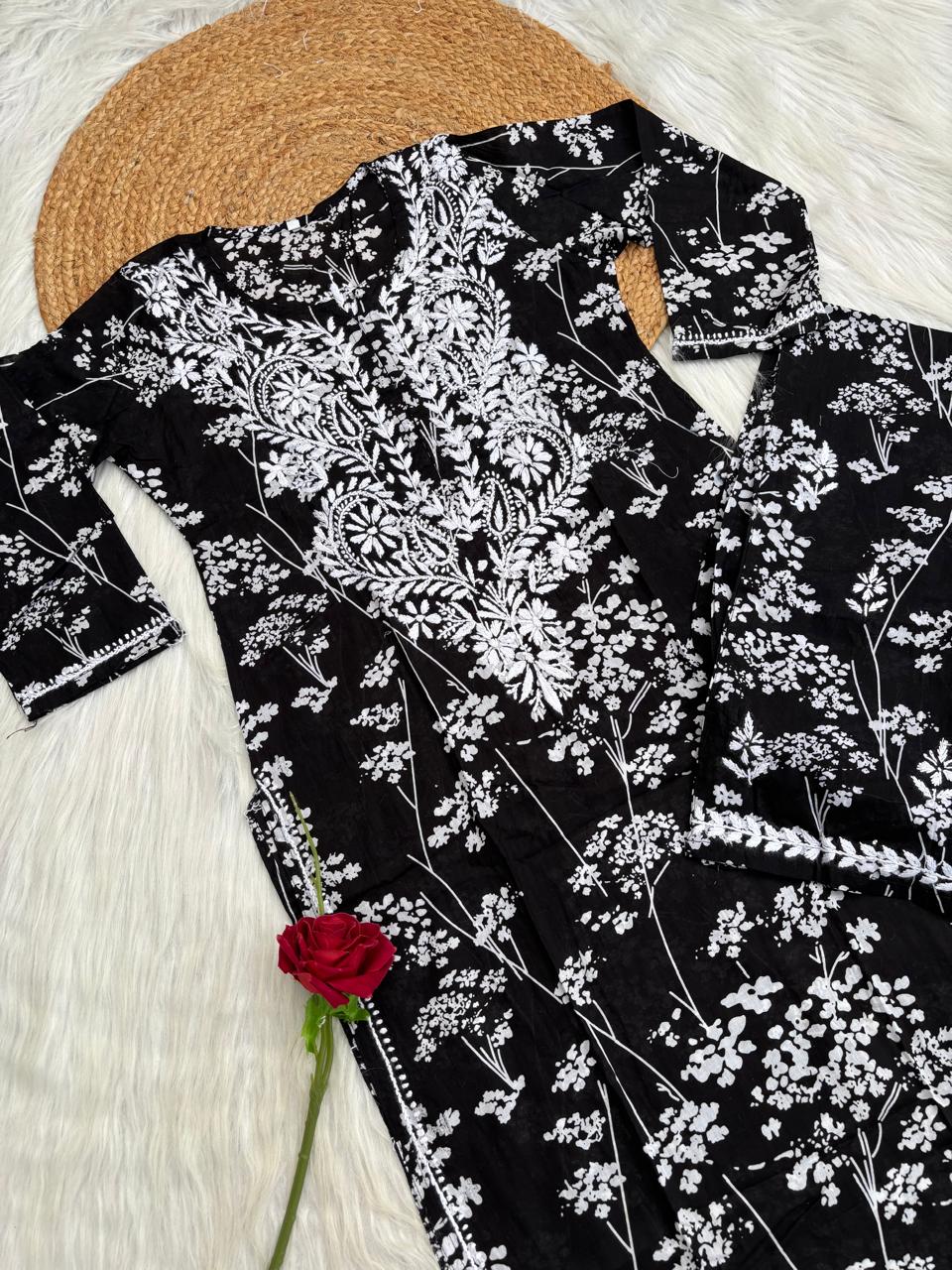 Jiya Mulmul Cotton Handwork Chikankari Kurti Set - Black Colour