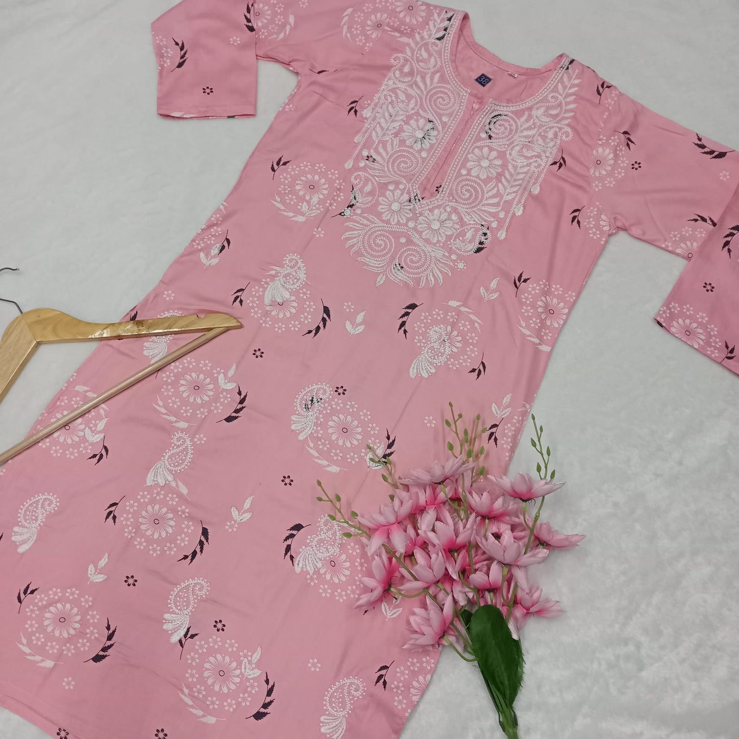 Rayon Chikankari Machine Work Kurti -Rose Pink Colour