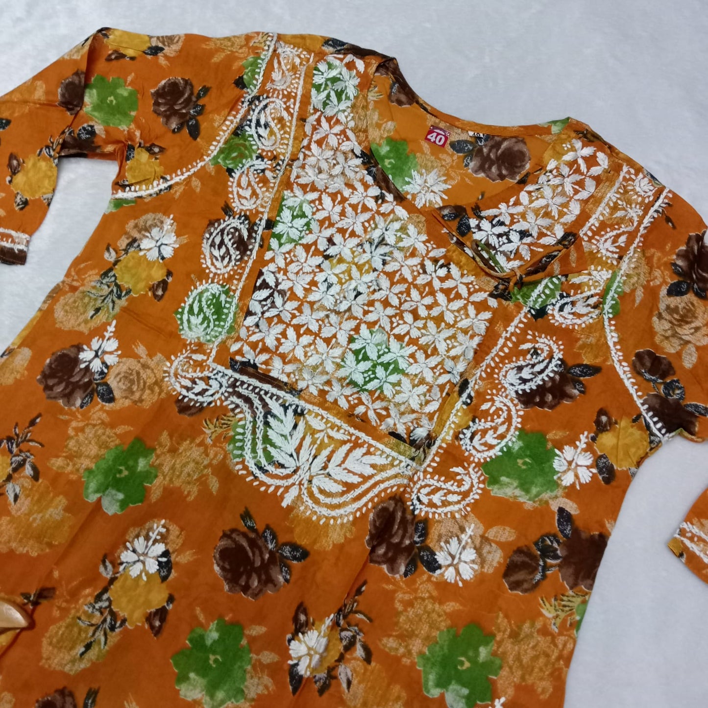 Masooma Mulmul Floral Printed Chikankari Handwork Kurti - Yellow Colour