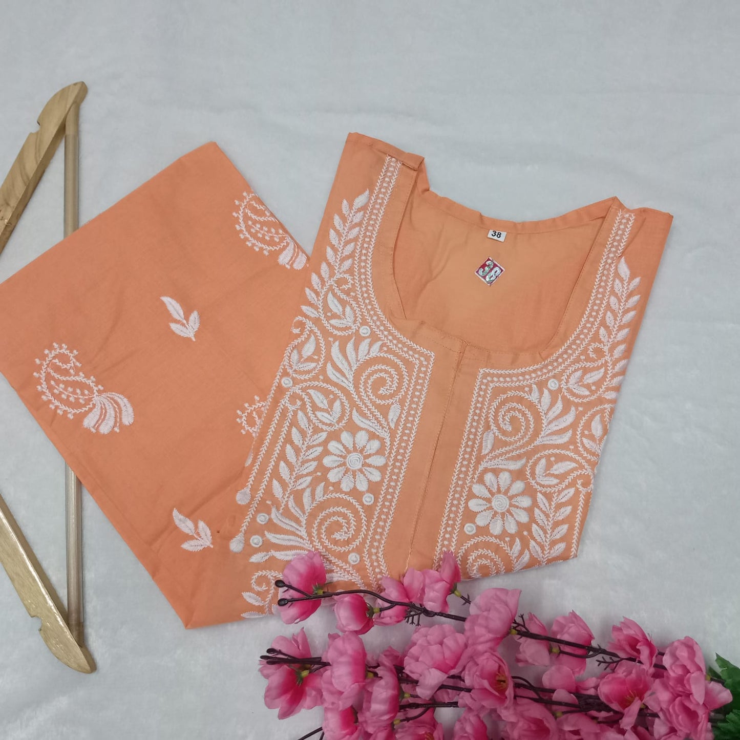 Cotton Machine Work Chikankari Kurti - Peach Colour