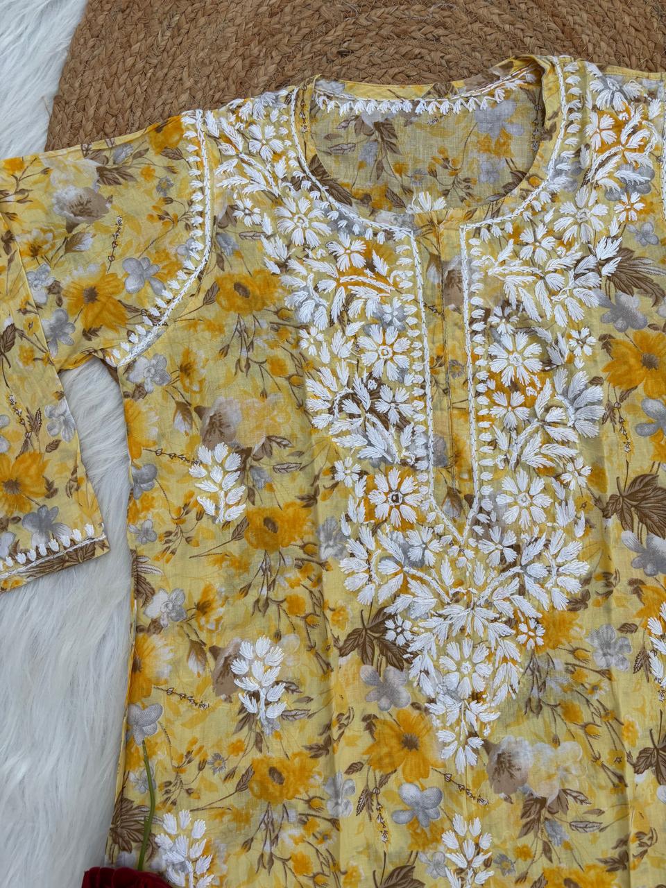 Alina Pure Mulmul Chikankari Handwork Kurti - Yellow Colour