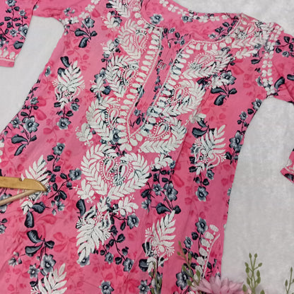 Soft Modal Floral Printed Chikankari Handwork Kurti - Pink  Colour