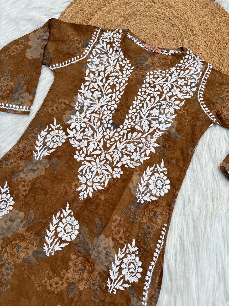 Zaina Pure Mulmul Chikankari Handwork Kurti - Mustard Colour
