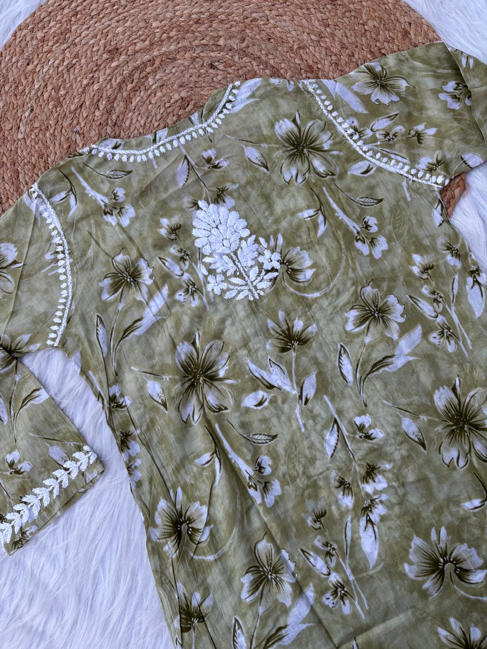 Shazia Mulmul Cotton Chikankari Kurti Set - Dark Green Colour
