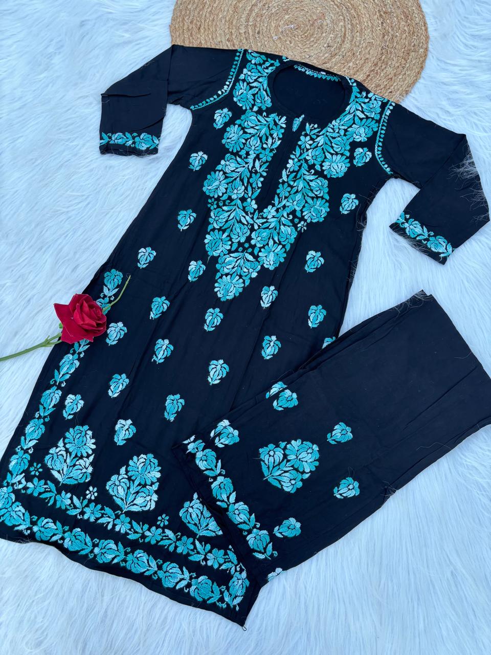Rida Rayon Handwork Chikankari Kurti Set- Sea Green Colour