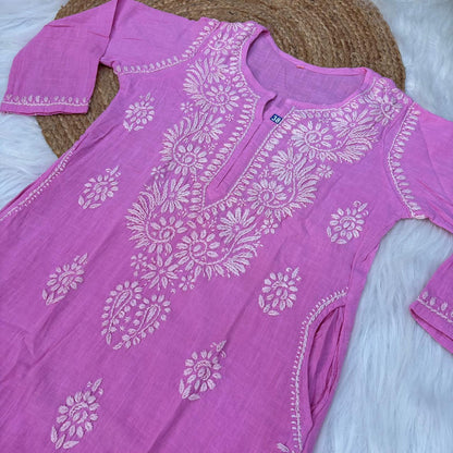 Isha Slub Cotton Chikankari Kurti -Baby Pink colour