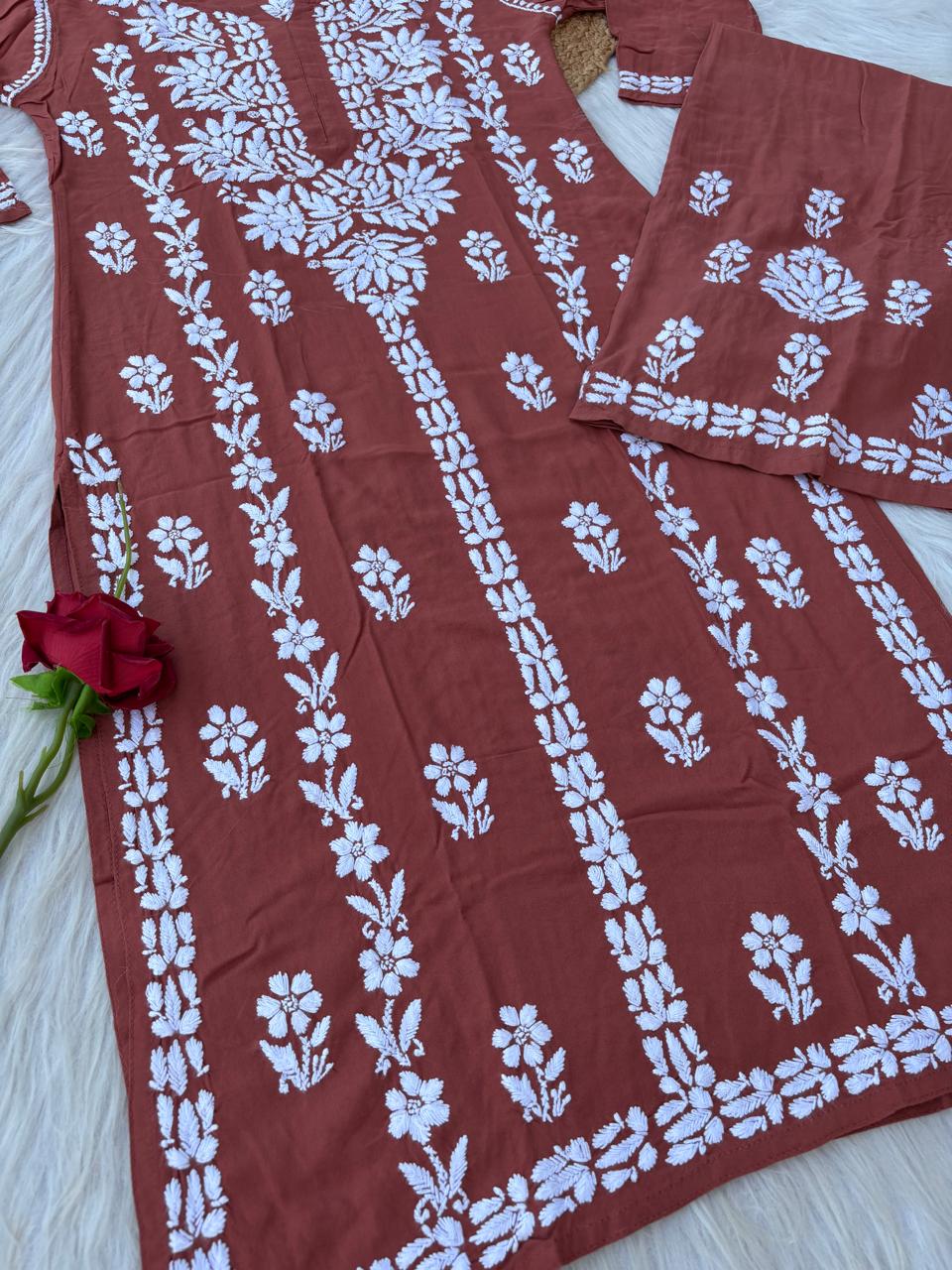 Samara Rayon Handwork Chikankari Kurti Plazo Set - Rush  Colour