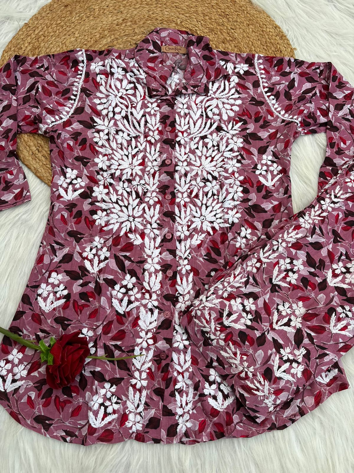 Mulmul Cotton Lucknowi Chikankari Coord Set - Cherry Colour