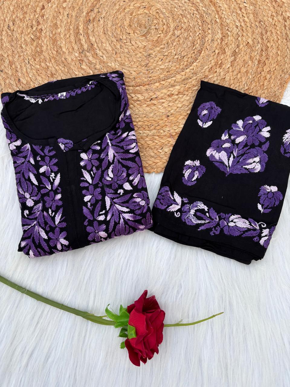 Rida Rayon Handwork Chikankari Kurti Set - Purple Colour