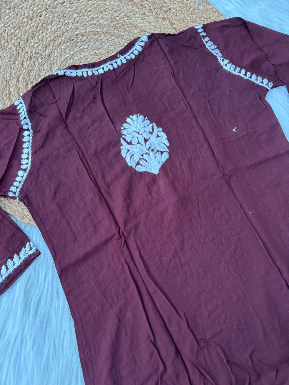 Hiba Soft Rayon Handwork Chikankari Kurti - Brown Colour