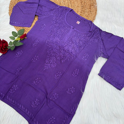 Sofia Ombre Shaded Soft Rayon Chikankari Short Kurti - Purple Colour - Chikankaar