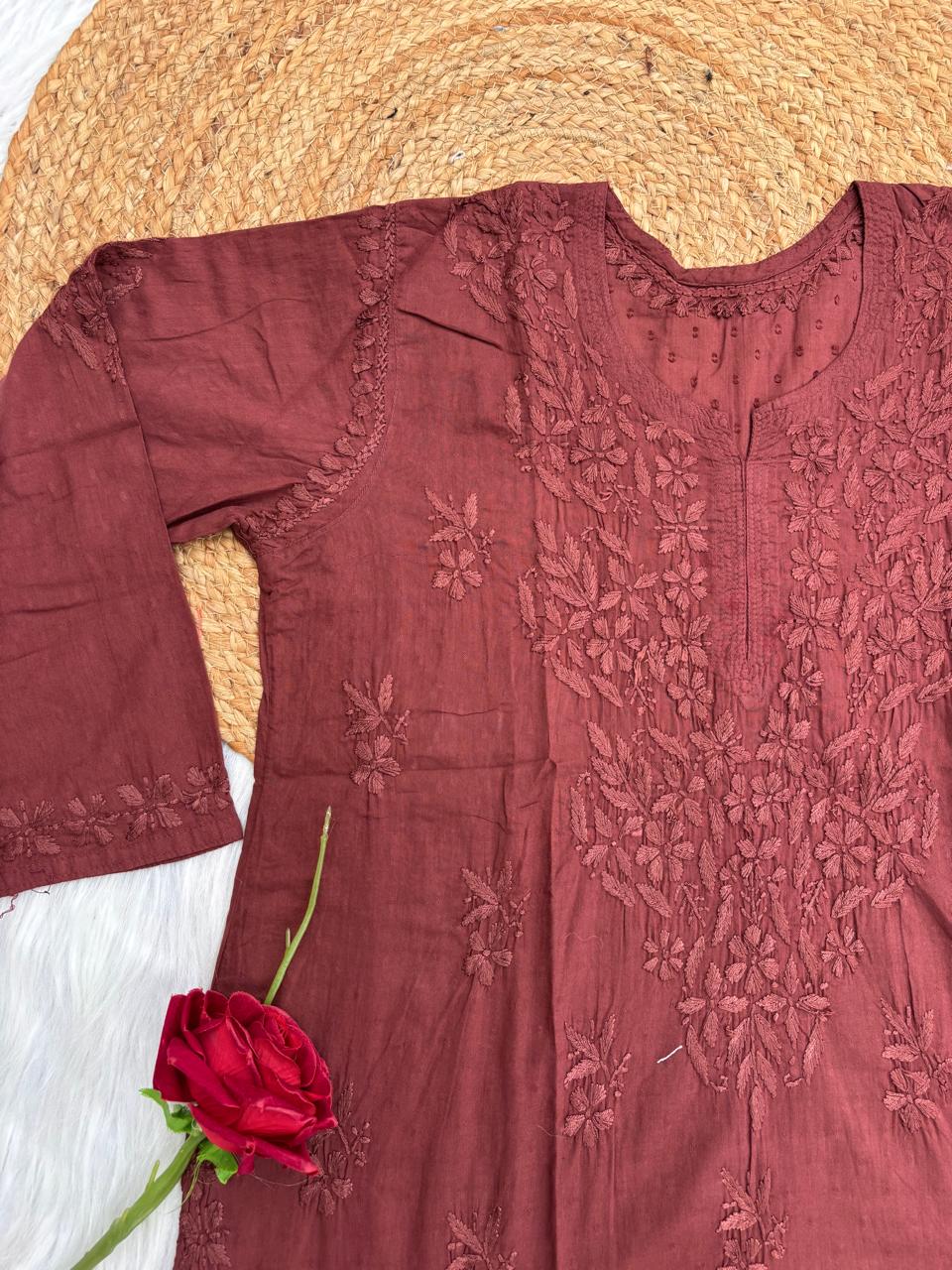 Ziva Soft Dobby Cotton Lucknowi Handwork Chikankari Short Kurti - Brown Colour