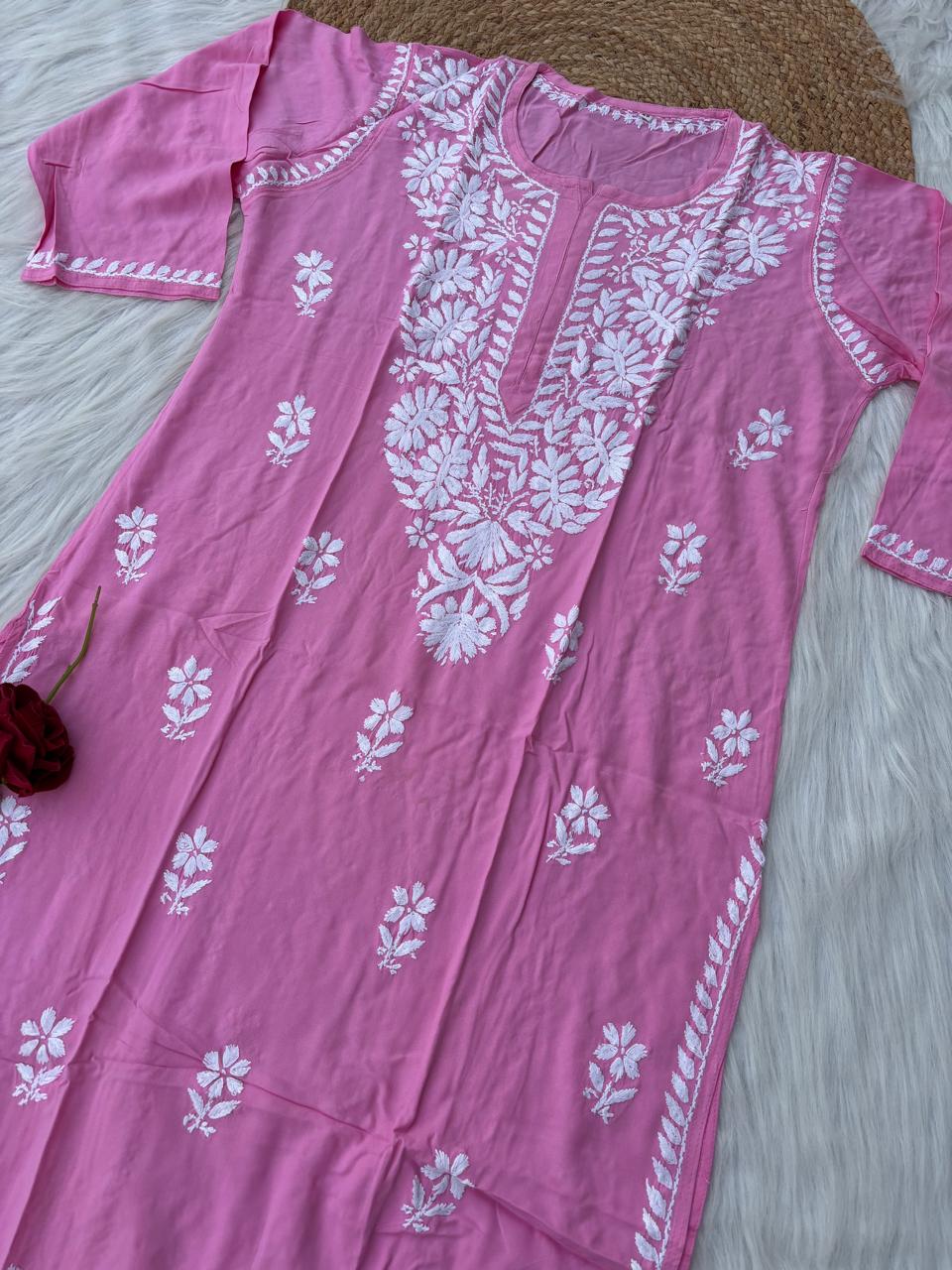 Hiba Soft Rayon Handwork Chikankari Kurti - Pink Colour