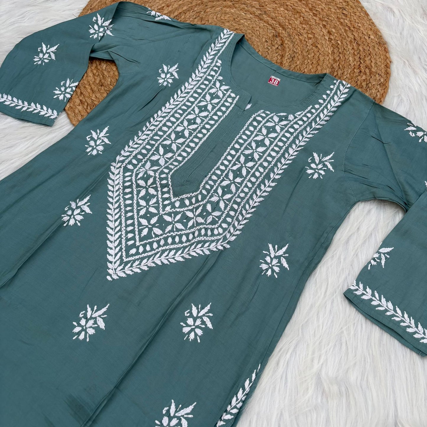 Afana Silk Chikankari Kurti Plazo set T Green Colour