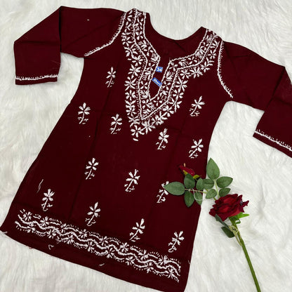 Ziya Pure Cotton Chikankari Short Top- Maroon Colour