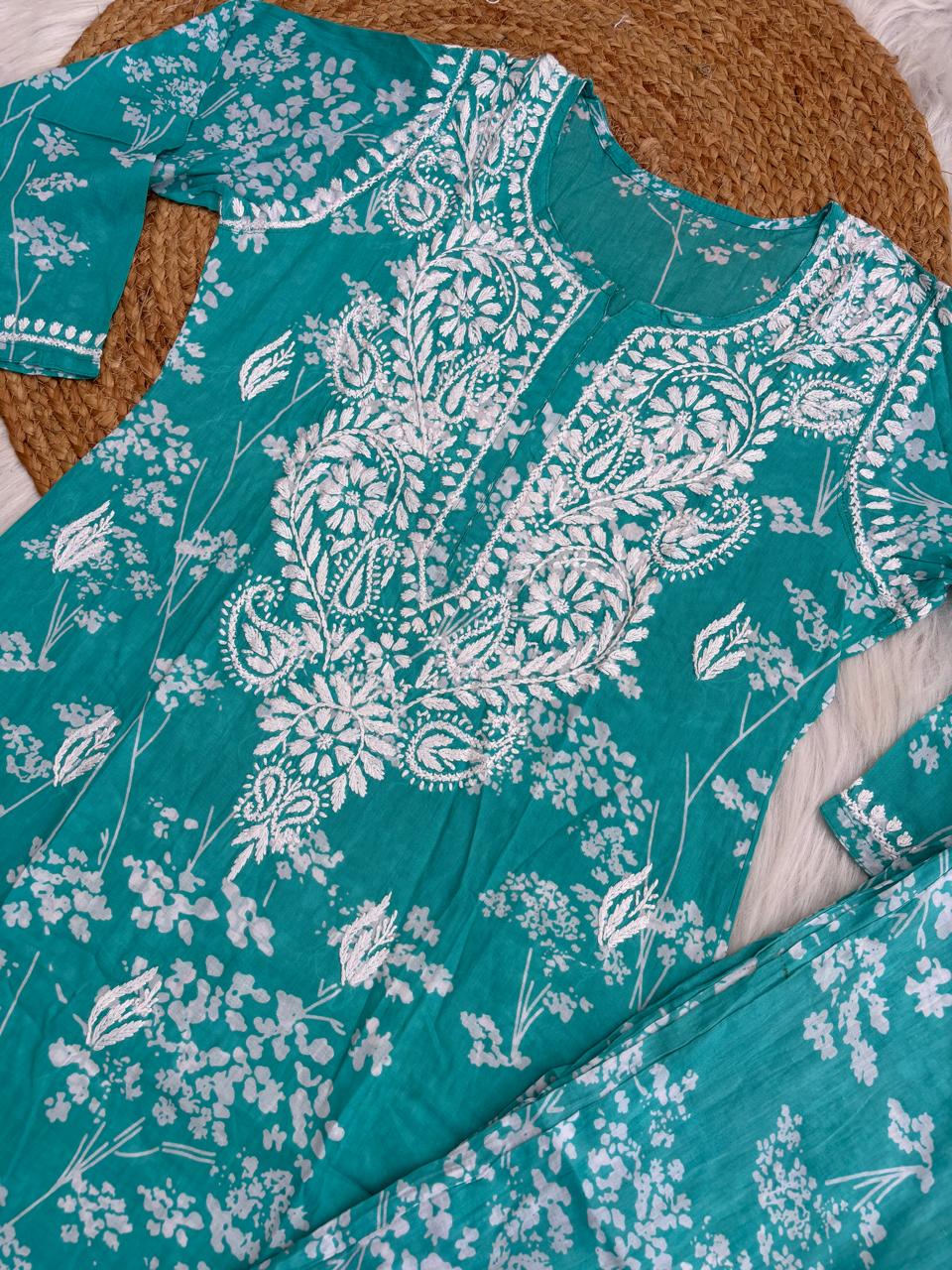 Jiya Mulmul Cotton Handwork Chikankari Kurti Set - Sea Green Colour