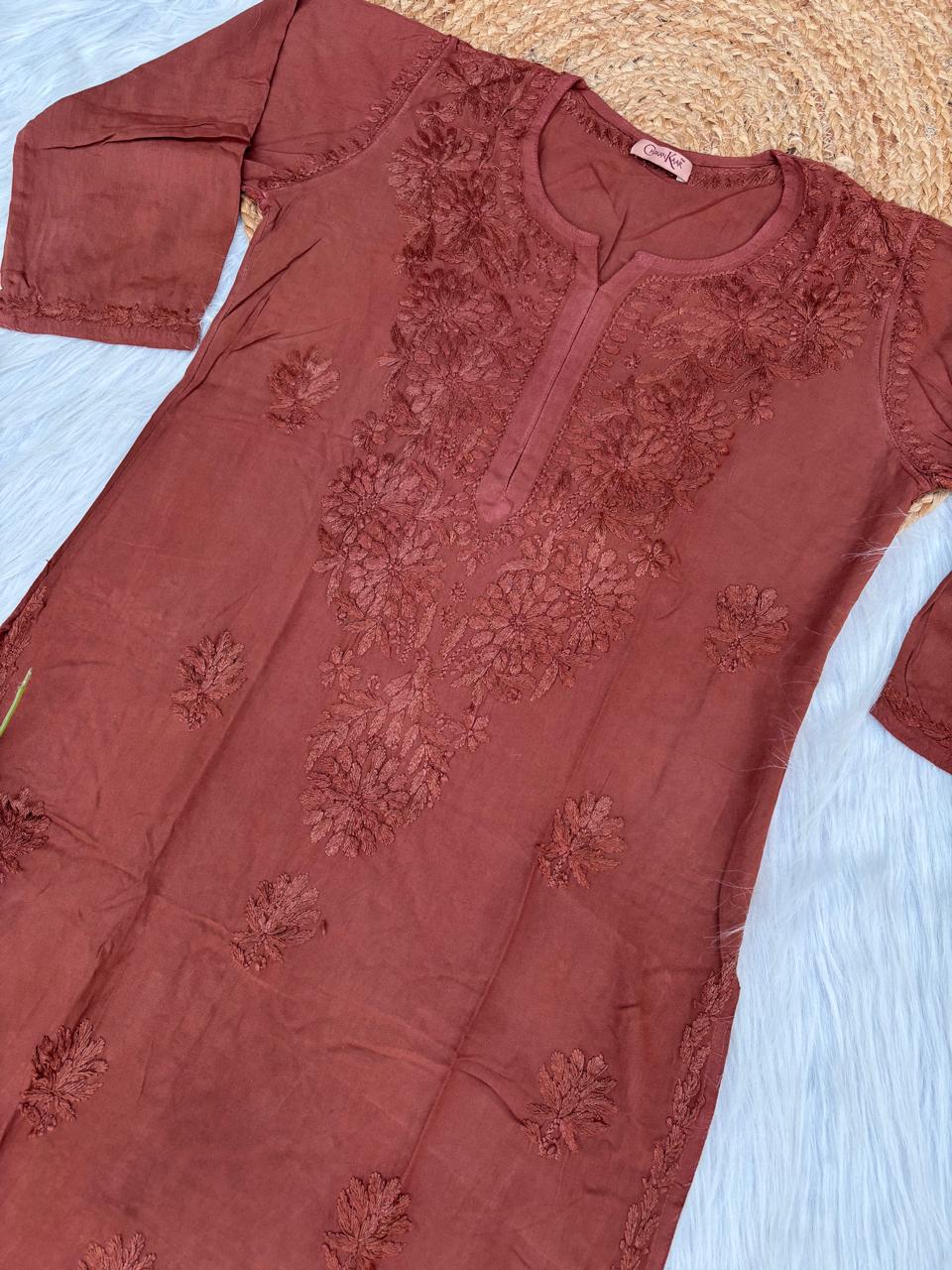Rabab Dyeable Soft Rayon Handwork Chikankari Kurti - Brown Colour