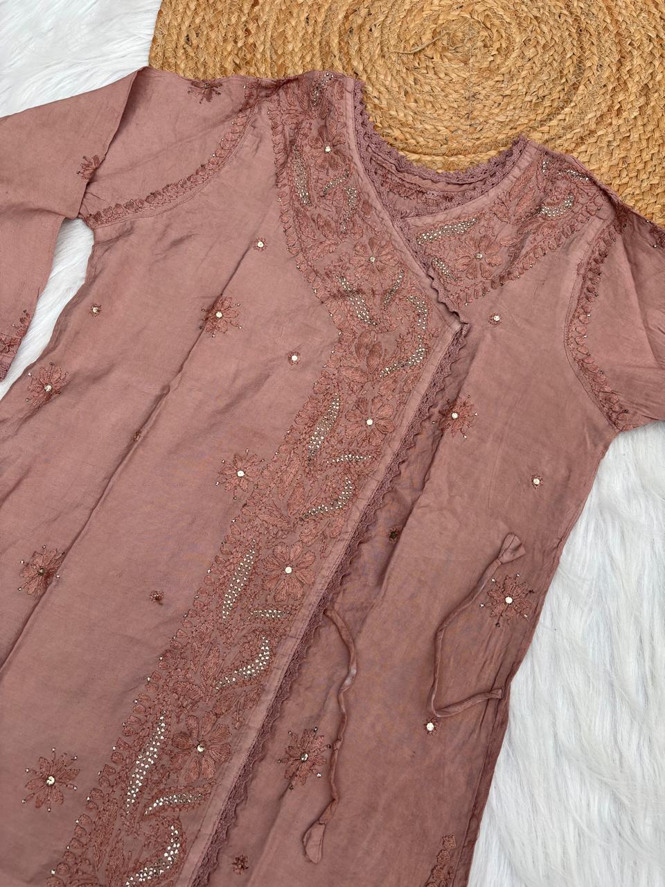 Naaz Chanderi Angrakha style Chikankari Kurti with Mukaish work - Brown Colour