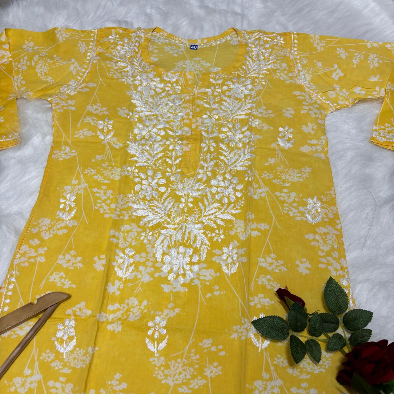 Mahira Sharma Inspired Pure Mulmul Printed Chikankari Handwork Kurti -Yellow Colour