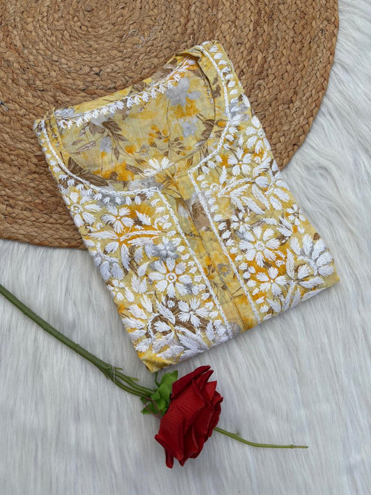 Alina Pure Mulmul Chikankari Handwork Kurti - Yellow Colour