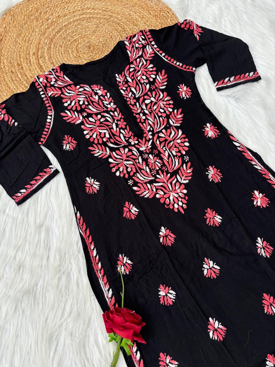 Shefrin Soft Rayon Lucknowi Handwork Chikankari Kurti - Gazri Colour