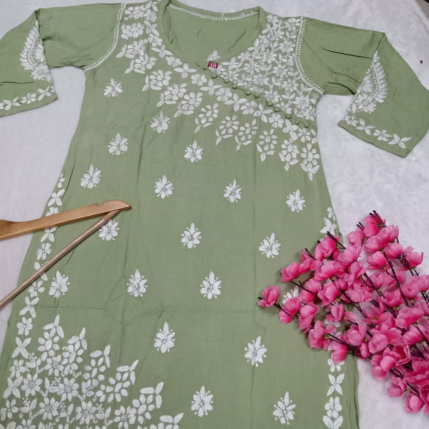 Zeenat Rayon Side Button Chikankari Kurti - Pista Colour