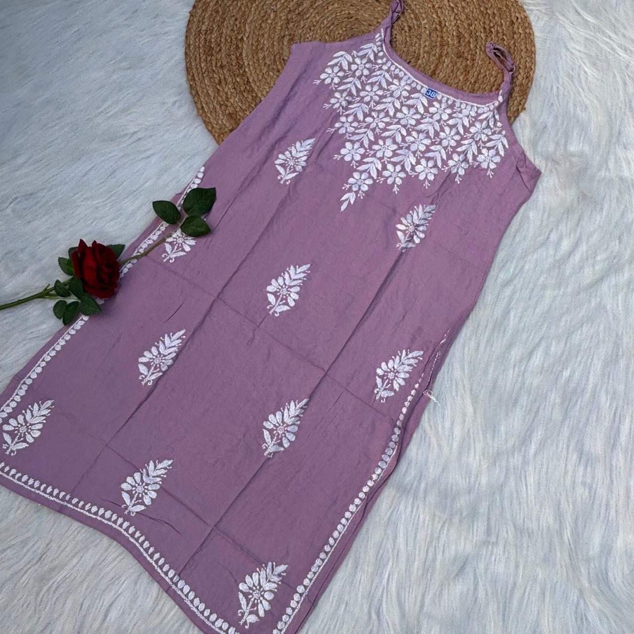 Safa Rayon Chikankari Noodle Strap Short Kurti -  Mauve colour (Length - 38")