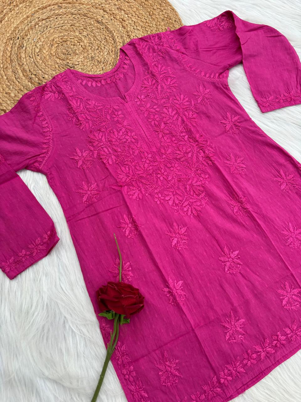 Ziva Soft Dobby Cotton Lucknowi Handwork Chikankari Short Kurti - Rani Colour