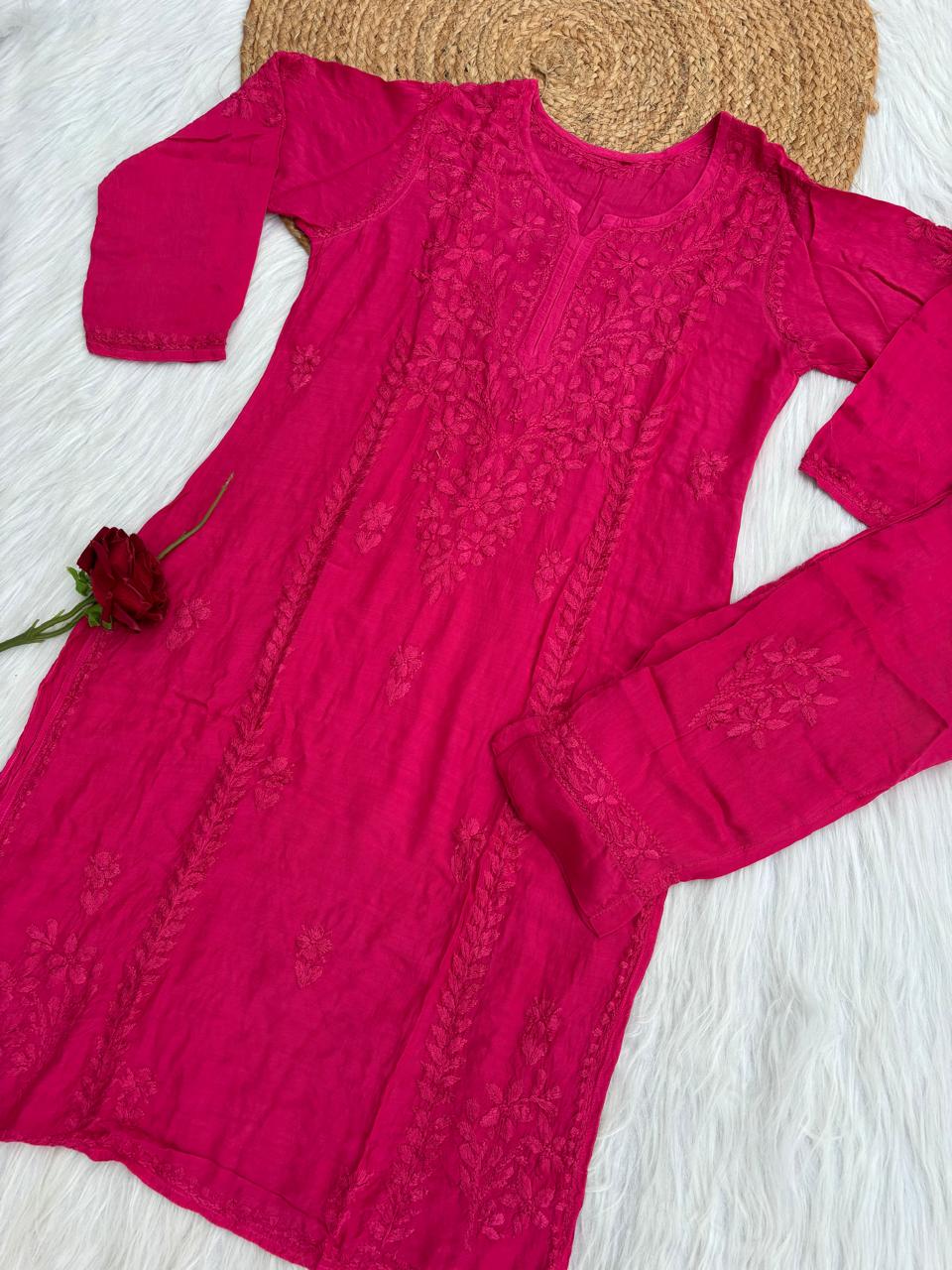 Nadia Muslin Lucknowi Chikankari Kurti Pant Set - Rani Color