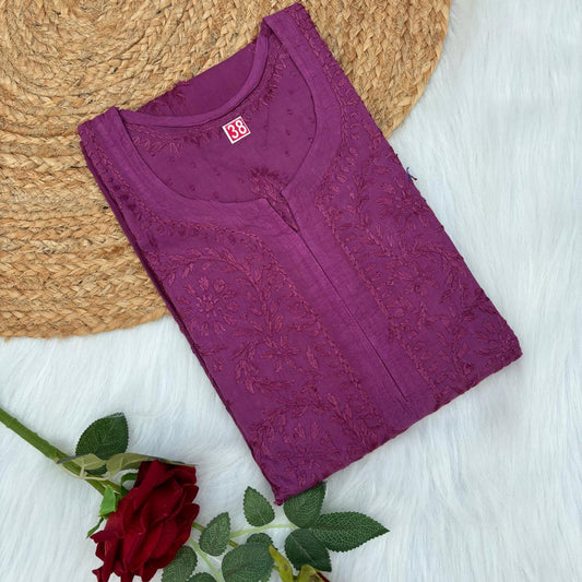 Tuba Ombre Shaded Dobby Cotton Chikankari Kurti - Wine Colour