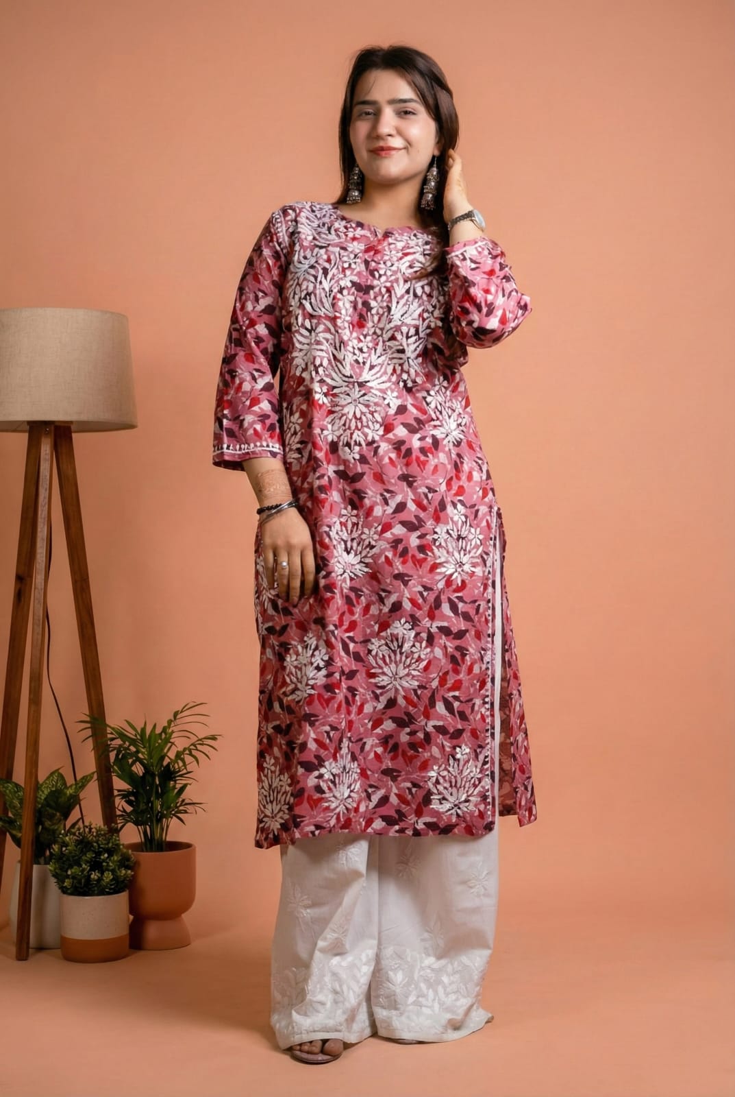 Emaya Pure Mulmul Chikankari  Handwork Kurti - Cherry Colour