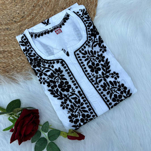 Shazana Pure Cotton Chikankari Kurti - White Black Color