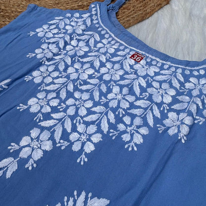 Safa Rayon Chikankari Noodle Strap Short Kurti -  Sky blue colour (Length - 38")