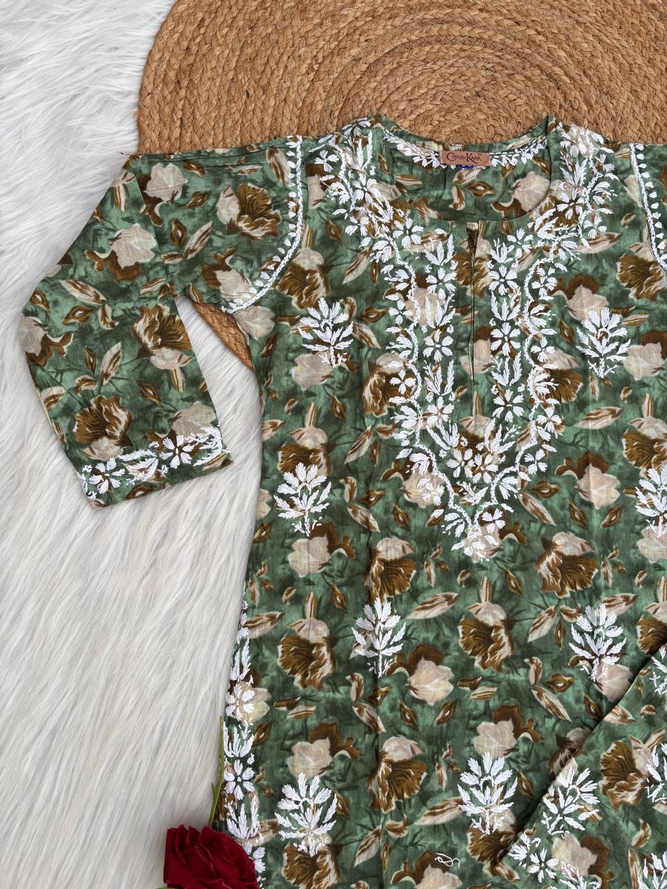 Elena Mulmul Cotton Handwork Chikankari Kurti Set - Dark Green Colour