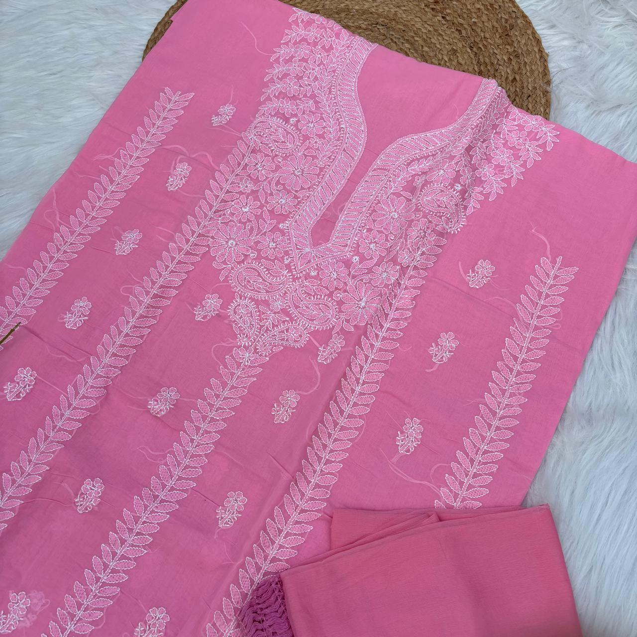 Madhuri Voile Cotton Chikankari Unstitched 3 pc set - Pink Colour