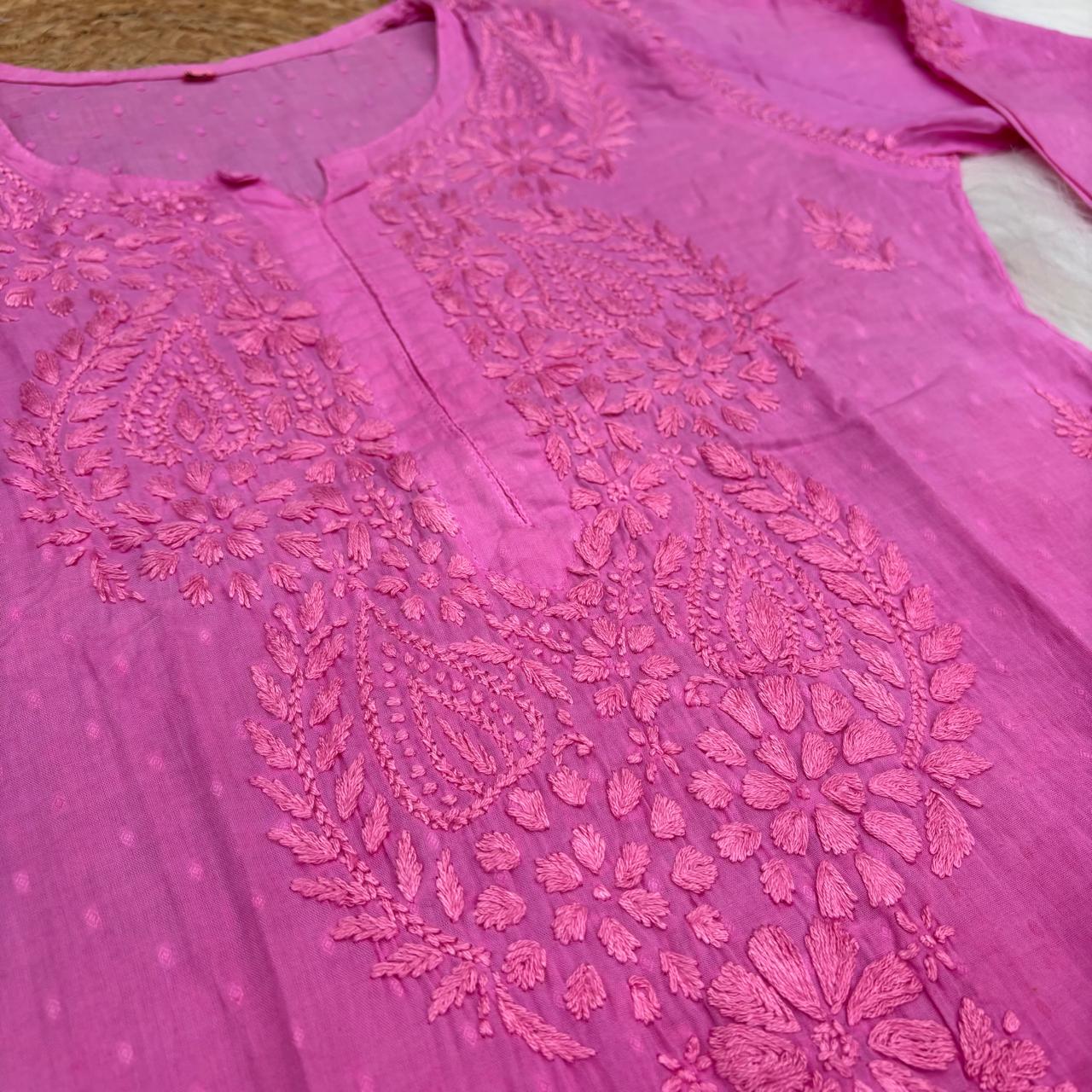 Nuha Dobby cotton Ombre shaded Lucknowi Chikankari Kurti Plazo Set - Pink Colour