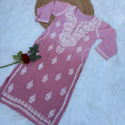 Isha Slub Cotton Chikankari Kurti - Blush colour