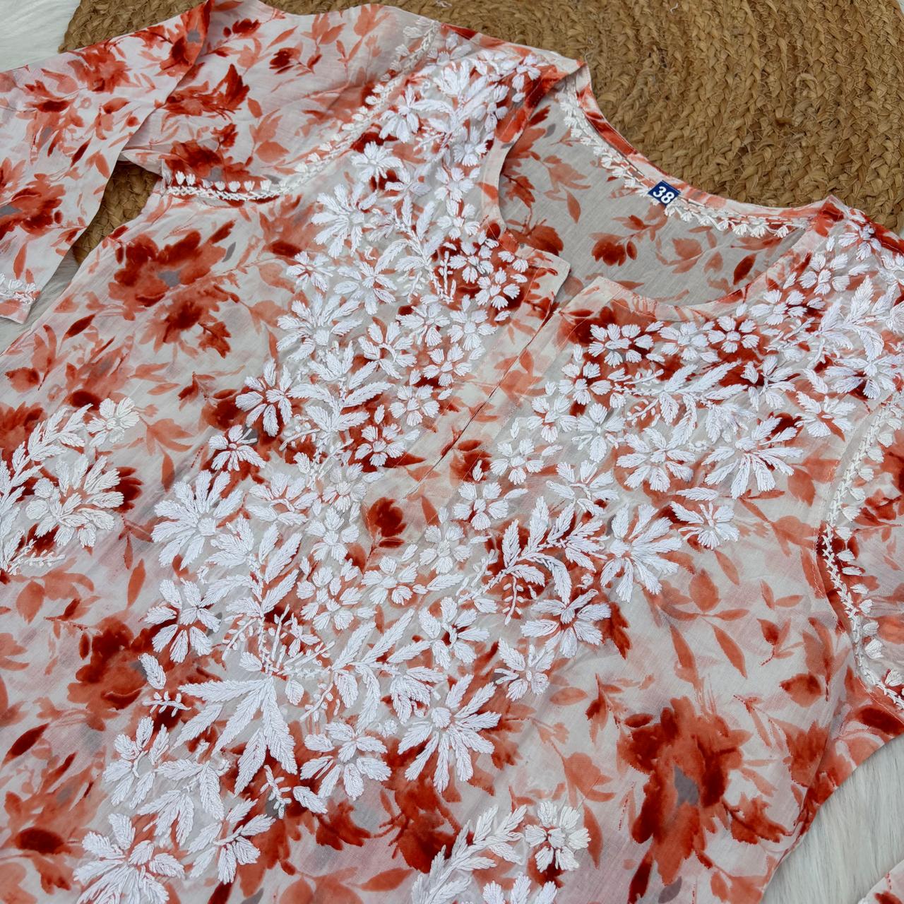 Amara Pure Mulmul Chikankari  Handwork Kurti -Orange Colour